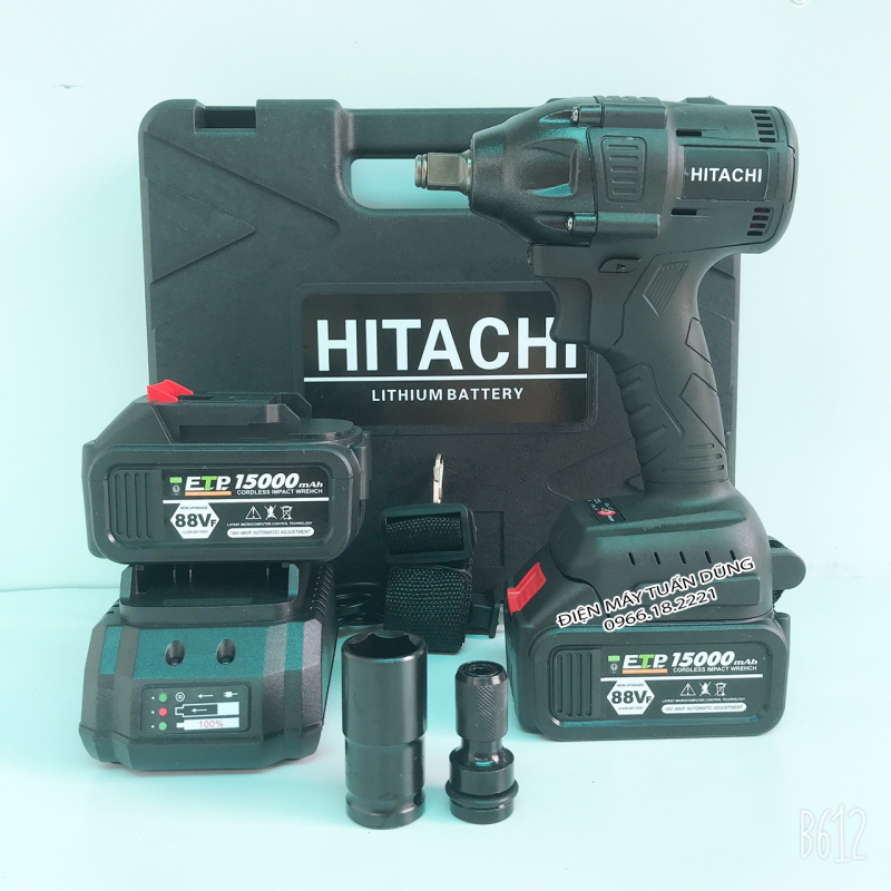 [Fullbox] Máy vặn bulong Hitachi 88v, 2 pin, Kèm đầu chuyển vít và đầu khẩu 22