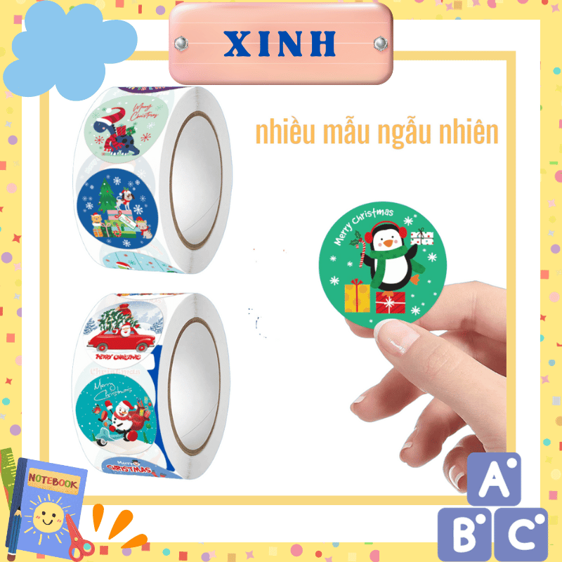 Cuộn 500 sticker giáng sinh, hình dán noel cute