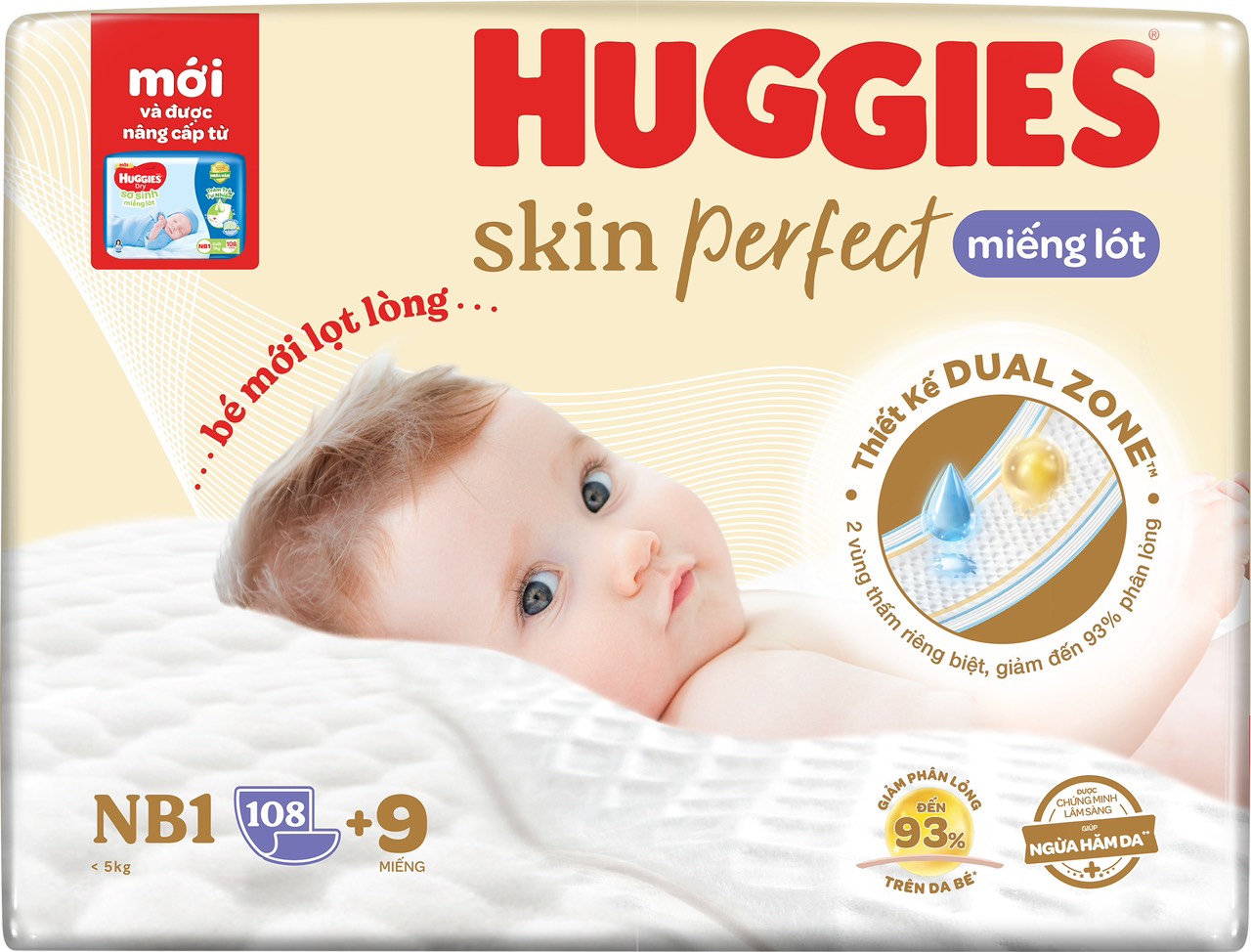Miếng lót sơ sinh Huggies NB1 108+6 miếng (Dưới 5kg)