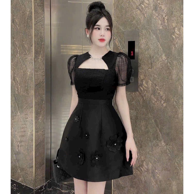 Đầm thời trang nữ đi tiệc chất TAPTA PHỐI vân mây, đầm nữ cổ vuông có dây cườm đính cổ