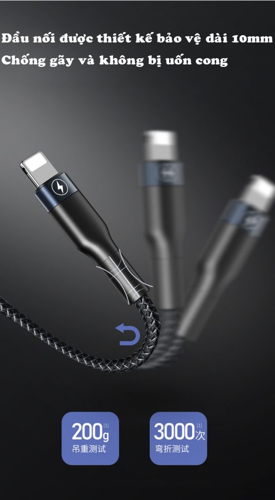 Cáp sạc 3 đầu đa năng Remax bọc dù,Cáp sạc 3 đầu Lightning, TypeC, Micro USB