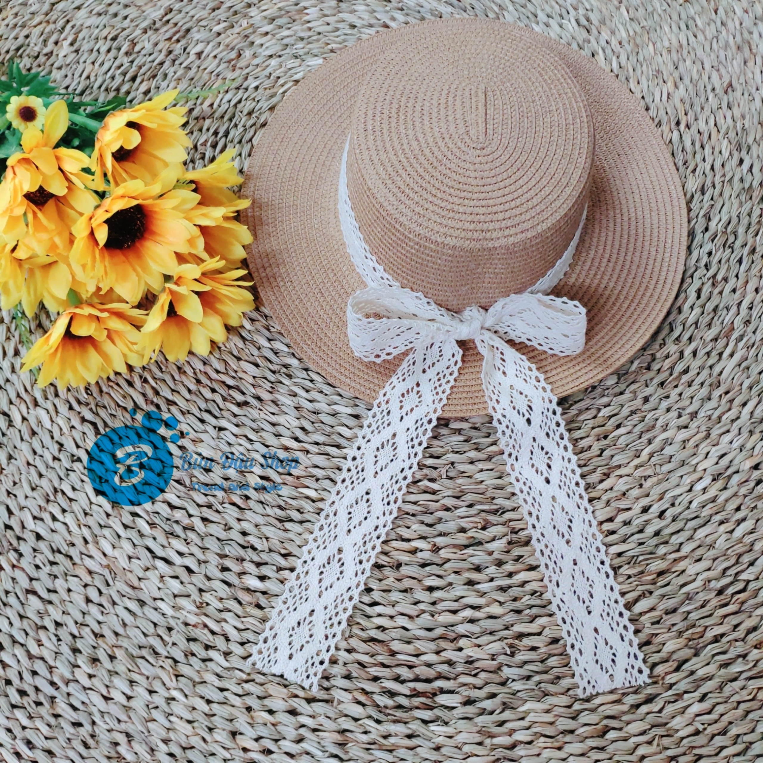 Mũ Cói Thắt Nơ Ren Tiểu Thư Cho Mẹ Hoặc Bé