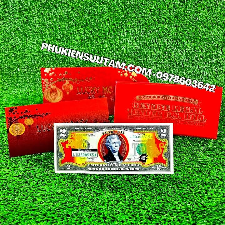 Tờ 2 usd hình con mèo mạ vàng 2023 , kích thước: 15cmx6.5cm, màu vàng - sp005865