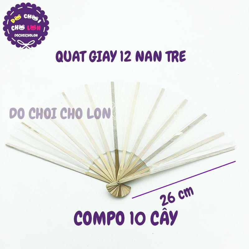 Bộ 10 cây quạt cầm tay bằng giấy TRẮNG nan tre 26 cm
