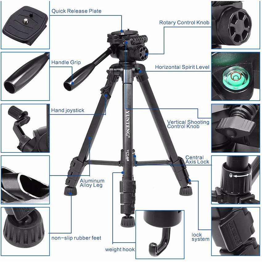 CHÂN MÁY ẢNH TRIPOD YUNTENG VCT-668 (Tặng kẹp điện thoại Yunteng và Remote Bluetooth)