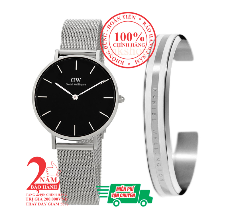 [NEW] Bộ quà tặng đồng hồ nữ DW Classic Petite Sterling 32mm (Mặt Đen) + Vòng tay DW Bracelet - màu bạc (Silver)- DW00500232