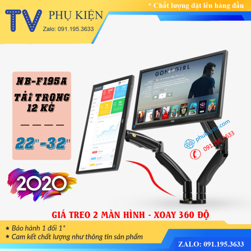 Bảng giá Giá treo hai màn hình NB-F195A 22 - 32 inch Giá treo màn hình gắn bàn Model mới 2020 Phong Vũ
