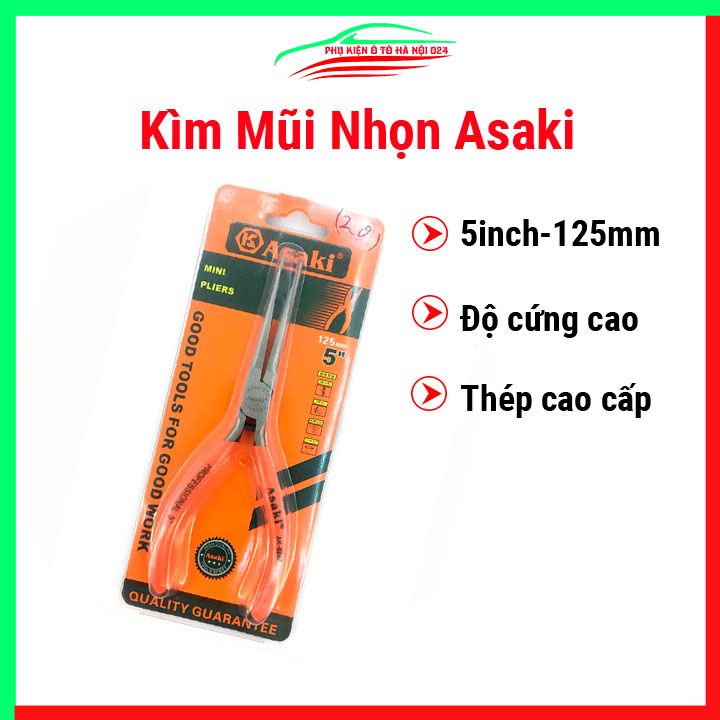 Kìm mỏ nhọn dài Asaki 5 inch (125mm) thép không gỉ cán bọc nhựa êm ái đa năng