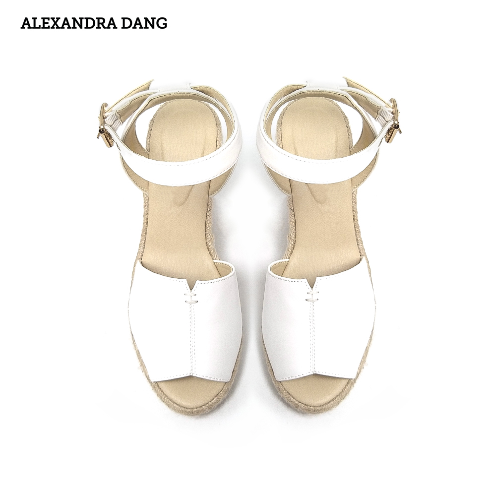Giày Sandal Da Đế Xuồng Bọc Cói AD màu trắng