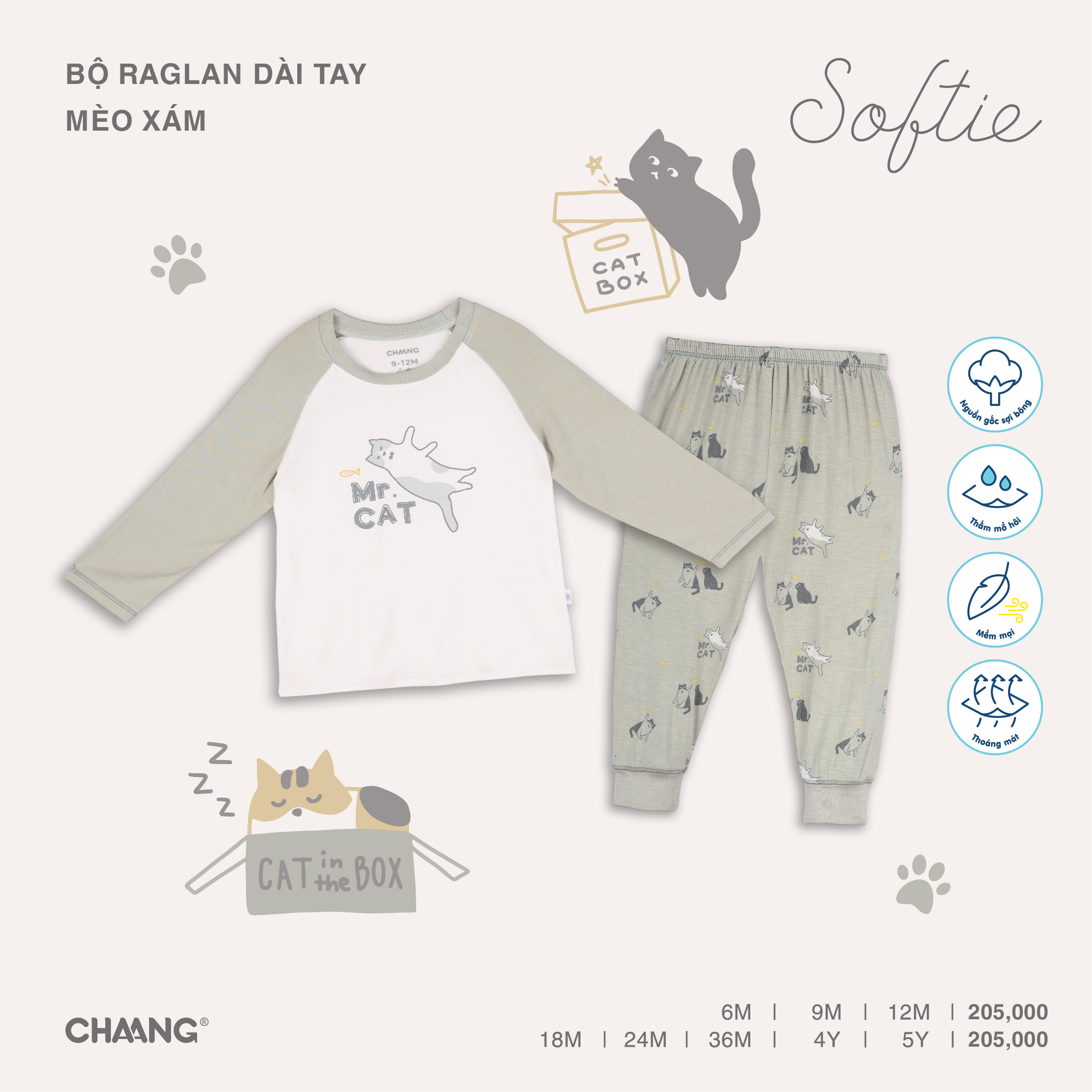 [CHAANG] Bộ raglan dài tay Mèo Chaang