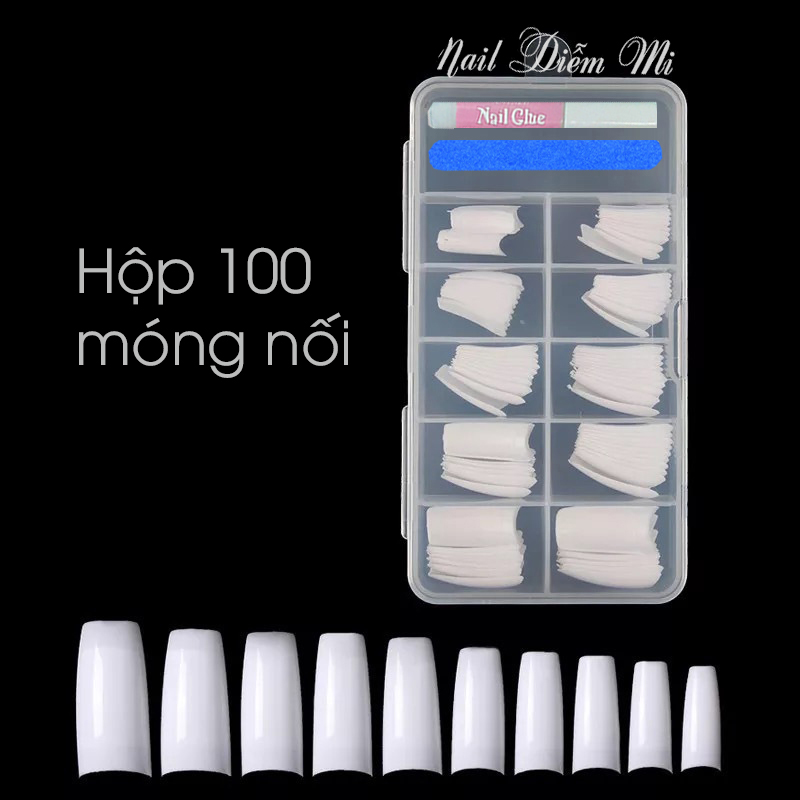 Hộp 100 móng nối dùng đắp móng bột, đắp gel (tặng miếng bông chùi sạch móng )