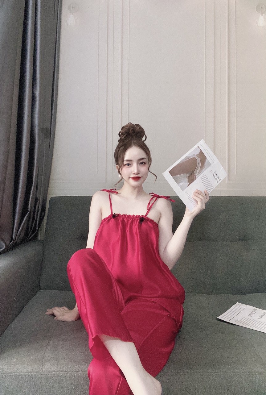 Đồ ngủ 2 dây cột nơ quần dài dễ thương siêu nhà