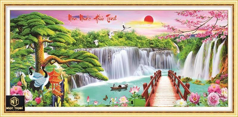 Tranh đính đá Non Nước Hữu Tình cao cấp -KT: 118x50Cm