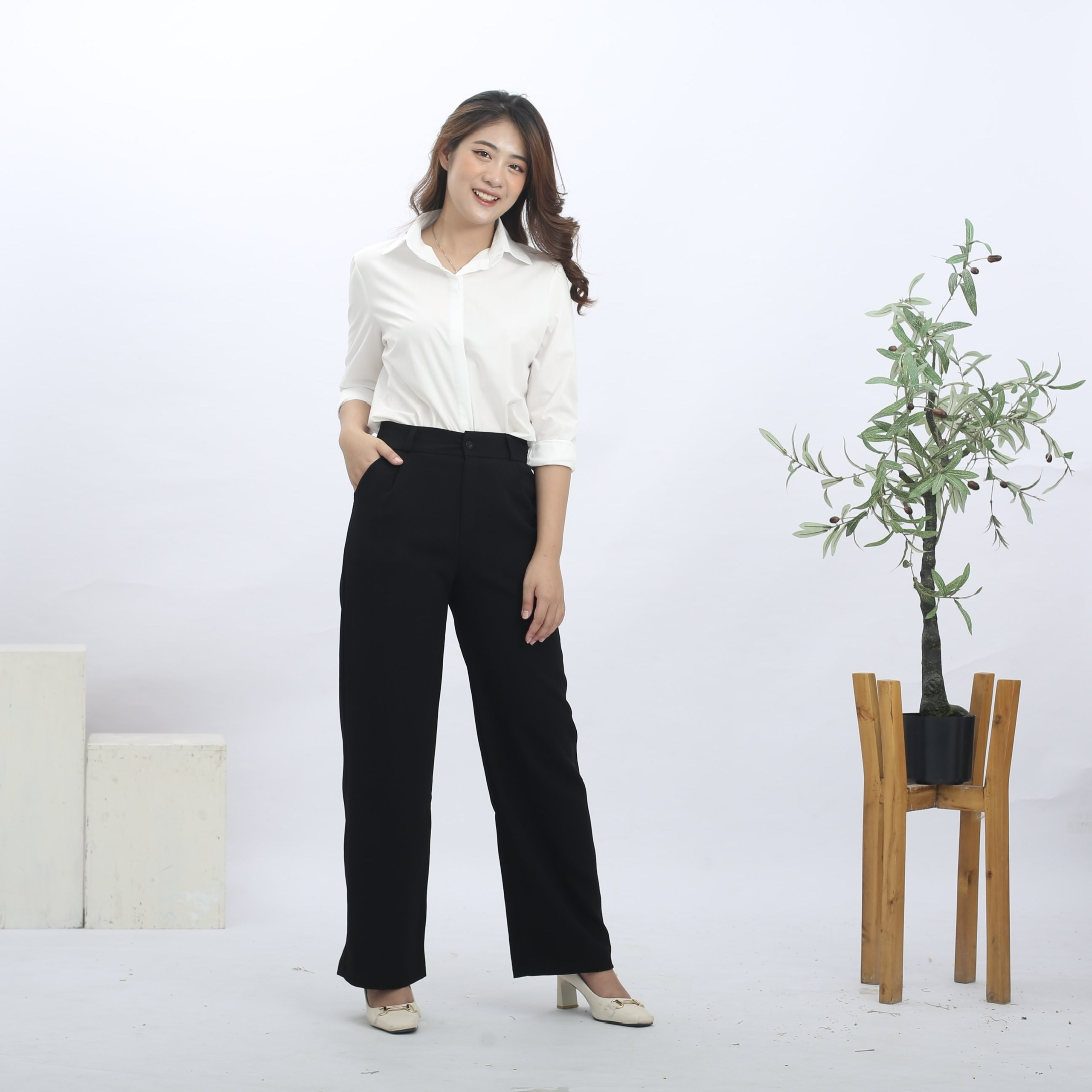 Quần ống suông công sở cạp cao dài 100cm - Dolce