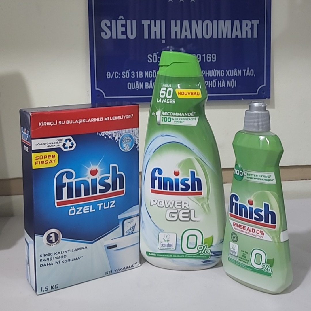 Combo Nước Gel rửa bát Finish Eco 0% 900ml hoặc Muối rửa bát Finish 1.2kg hoặc Nước làm bóng bát finish hữu cơ eco 400ml dùng cho máy rửa chén