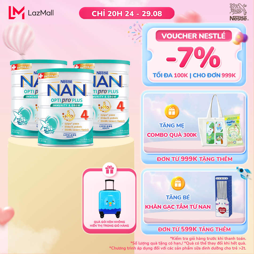 Bộ 3 lon sữa bột nestlé nan optipro plus 4 1500g/lon với 5hmo giúp tiêu hóa tốt + tăng cường đề kháng + tặng vali hình thú cho bé