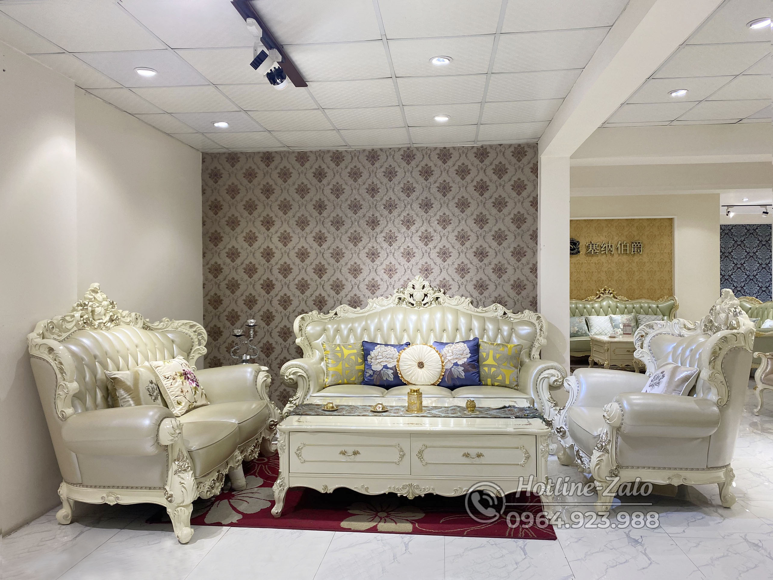 Bộ Sofa phòng khách tân cổ điển bọc da bò nhập khẩu 9903B