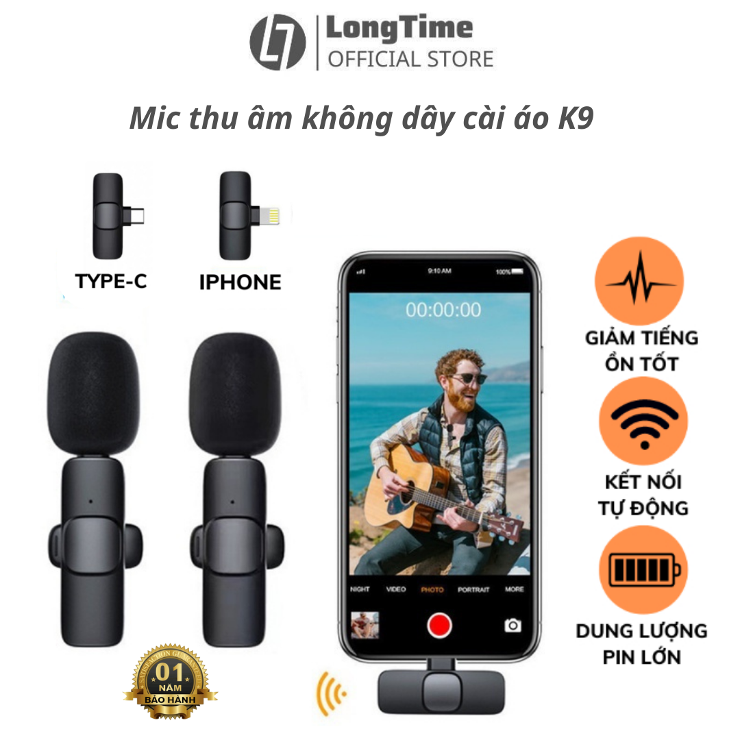 Mic thu âm không dây cài áo lọc tiếng ồn model K9, kết nối ổn định, bắt nhạy, thời gian thự tự động không có độ trễ - Hàng chính hãng - Bảo hành 12 tháng