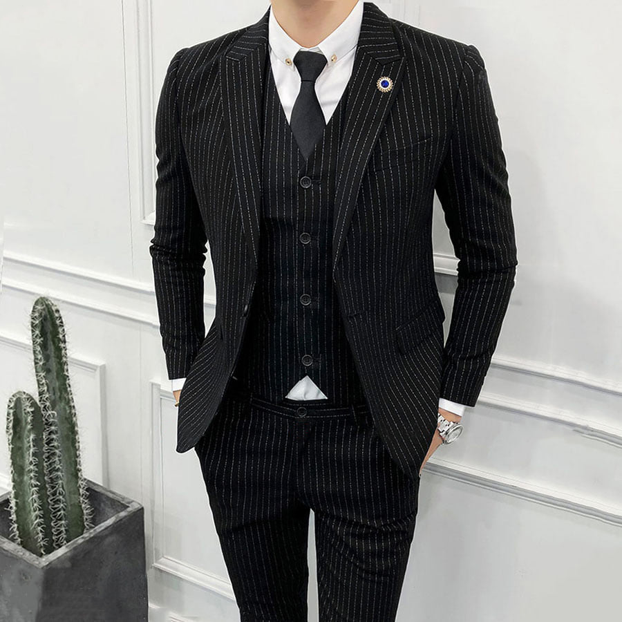 Bộ vest nam sọc kẻ đen Hàn Quốc 1 cúc đẳng cấp DKA0049 - DUKI STORE