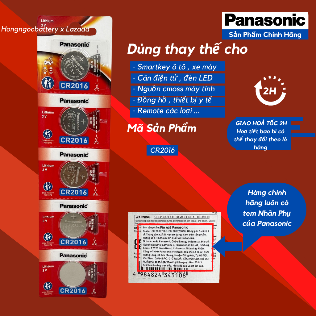 Vỉ 5 Viên CR2016 Panasonic Made In Indonesia 3V