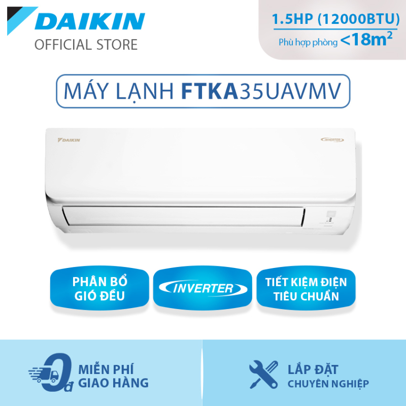 Bảng giá Máy Lạnh Daikin Inverter Tiêu chuẩn FTKA35UAVMV 1.5HP (12000BTU) - Tiết kiệm điện - Luồng gió Coanda - Độ bền cao - Chống Ăn mòn - Chống ẩm mốc - Làm lạnh nhanh - Hàng chính hãng