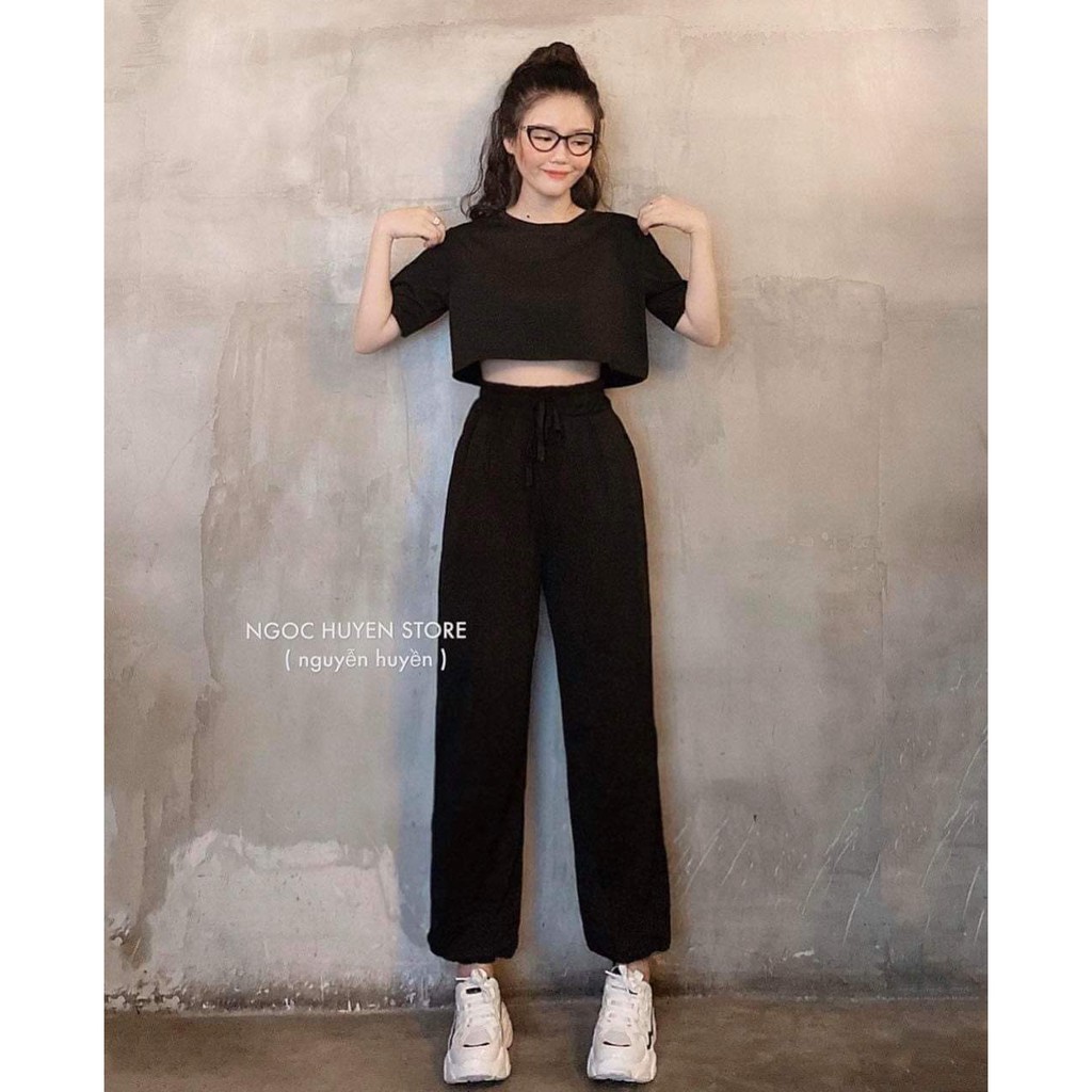Sét áo croptop đen + quần chun gấu dtr1120