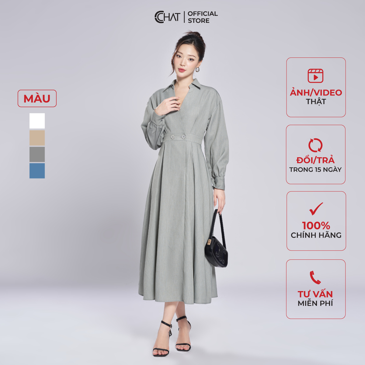 Đầm Nữ CCHAT Cổ Đức Mở V Chất Tuytsi Cao Cấp 13VDS2002XT