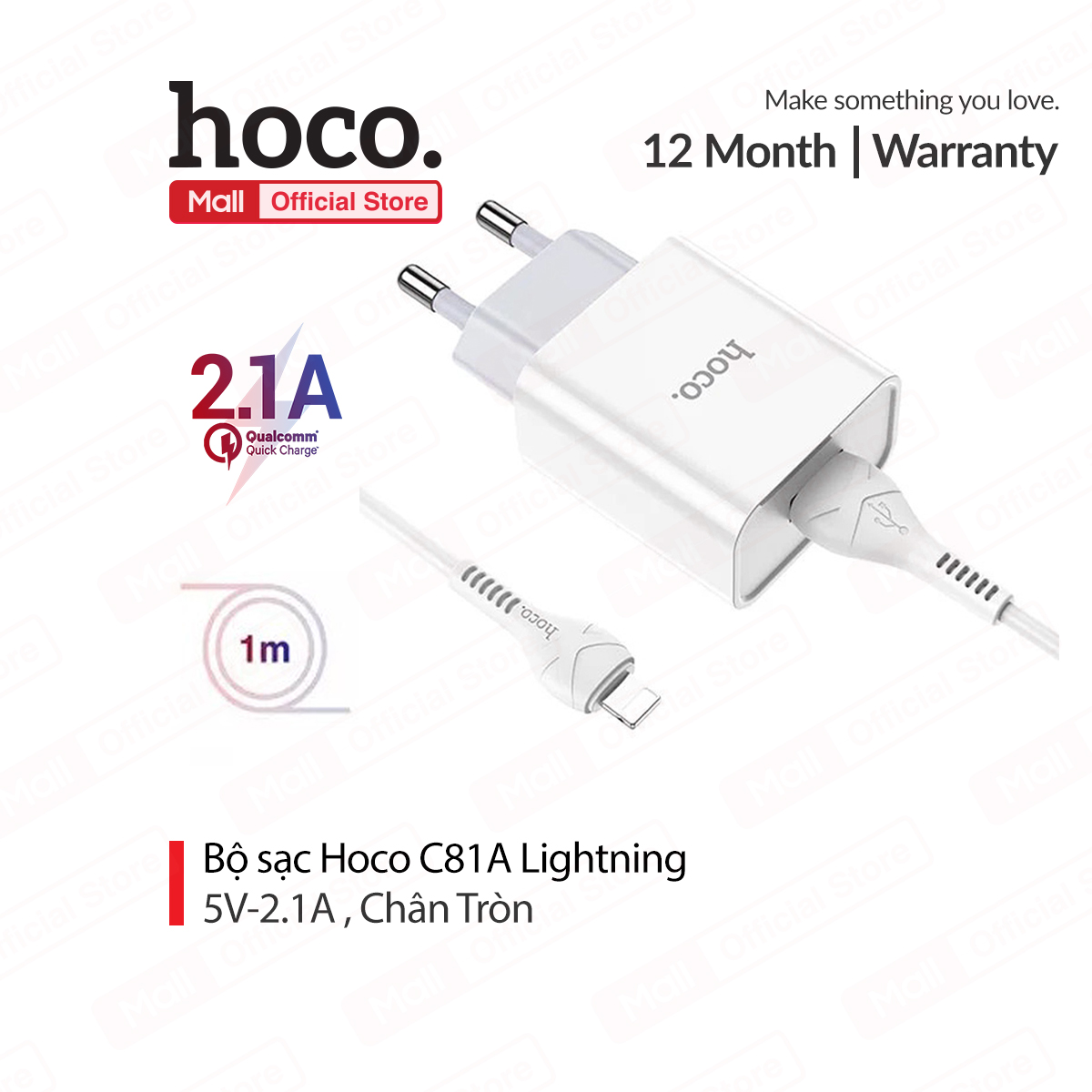Bộ sạc 2.1a hoco c81a chân tròn 1 cổng usb kèm dây sạc lightning dài 1m