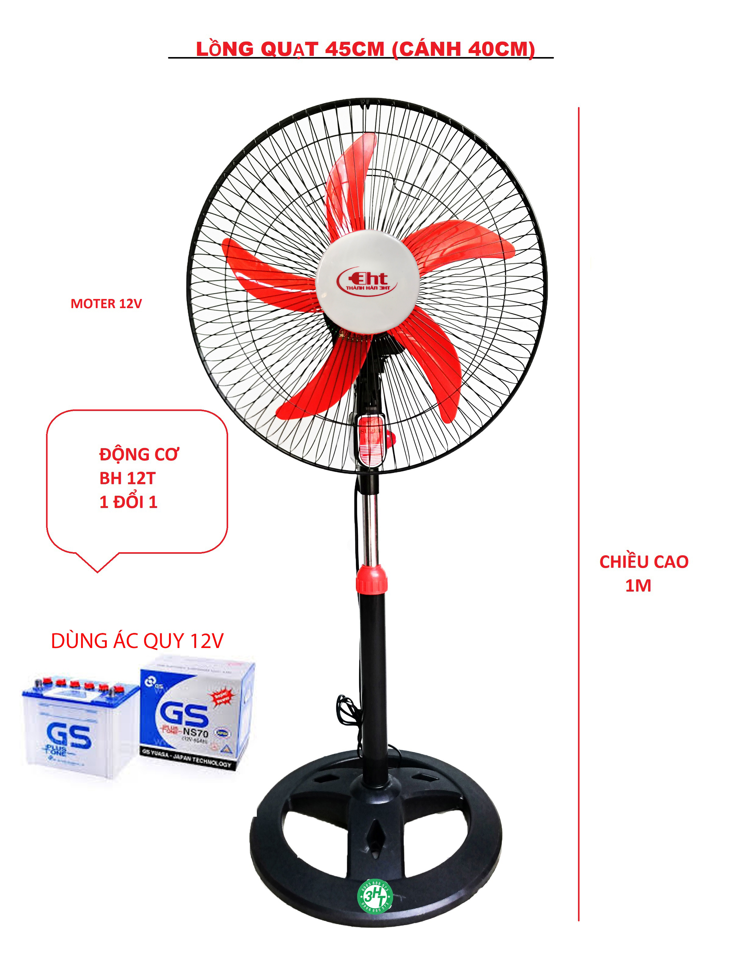 Quạt đứng B4 Chạy bằng Bình 12V / 220V - 3HT