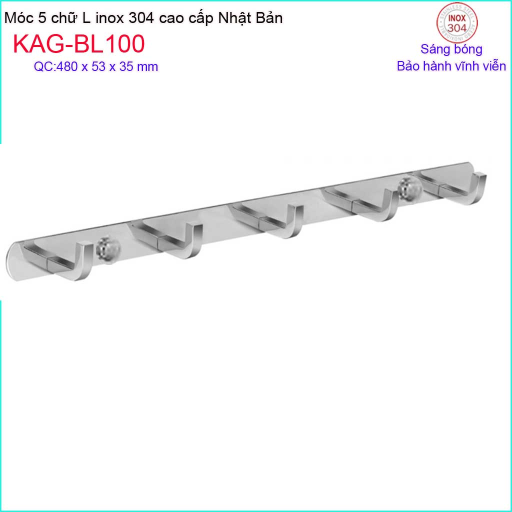 Móc khăn 5 chấu inox Kace KAG-BL100, móc treo đồ SUS304 Nhật Bản móc vuông dập khuôn thiết kế sang trọng sắc sảo đến từng chi tiết
