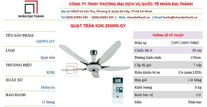 [HCM]Quạt trần kdk Z60WS xám bạc
