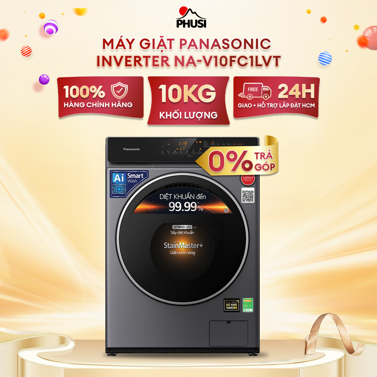 Máy giặt lồng ngang panasonic inverter 10kg na-v10fc1lvt - hàng chính hãng - giao miễn phí hcm