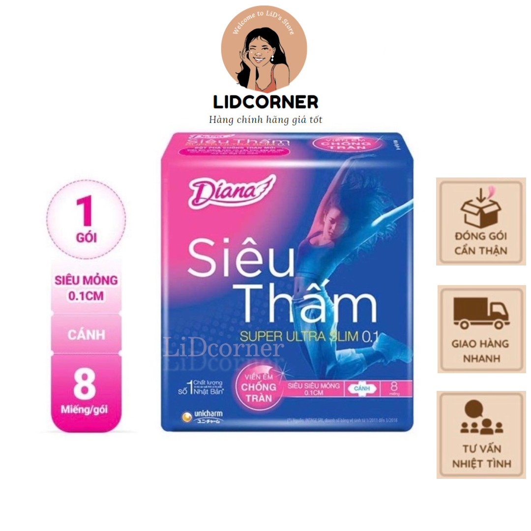 Băng vệ sinh Diana Siêu Thấm Siêu Siêu Mỏng 0.1cm có cánh 23cm