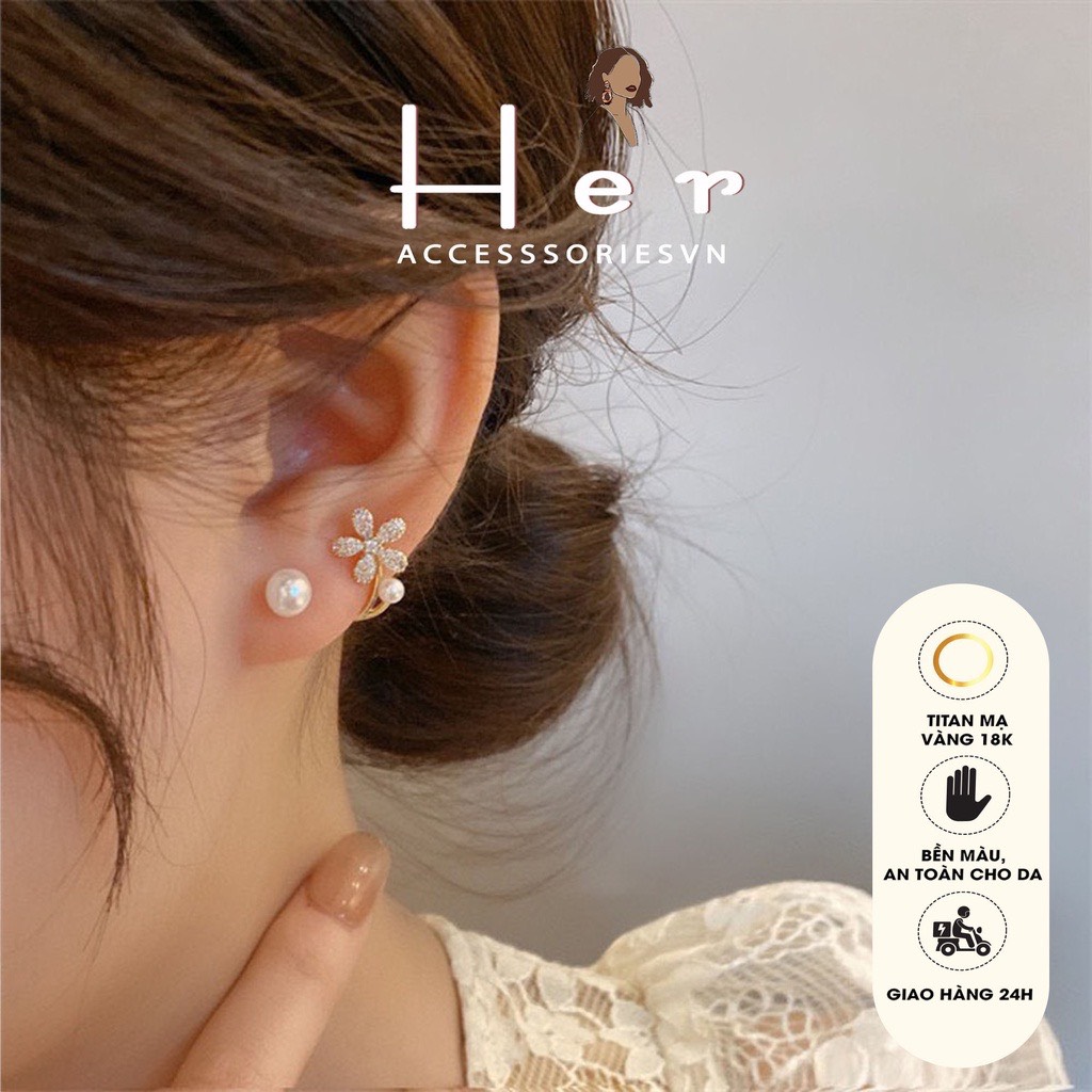 Bông tai ngọc trai, bông tai hoa cúc ôm tai, hoa tai đeo 2 kiểu, khuyên tai đi dự tiệc sang trọng Her Jerwelry H124