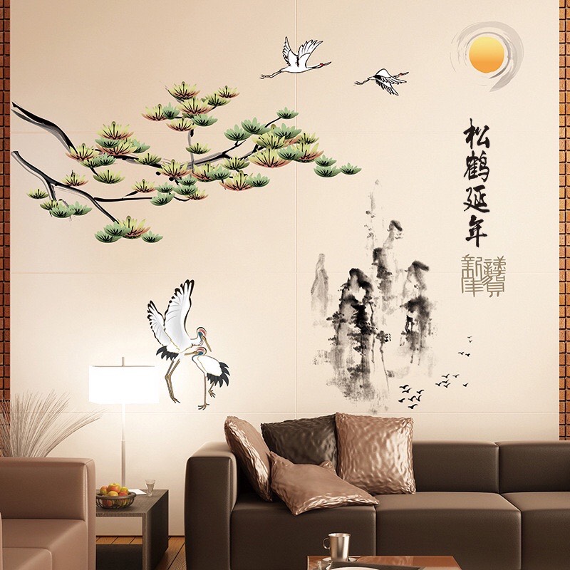 Tranh dán tường 3D Tùng hạc diên niên [Size 130x100cm]