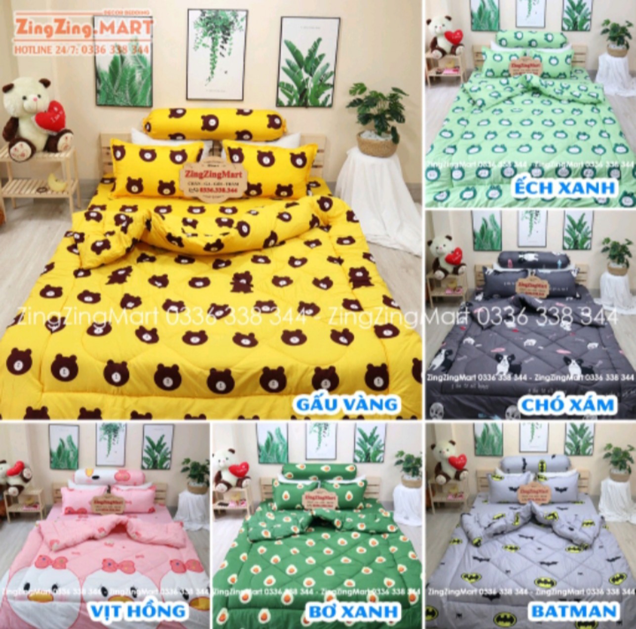 Trọn bộ chăn phao ga gối cotton poly mẫu vịt hồng