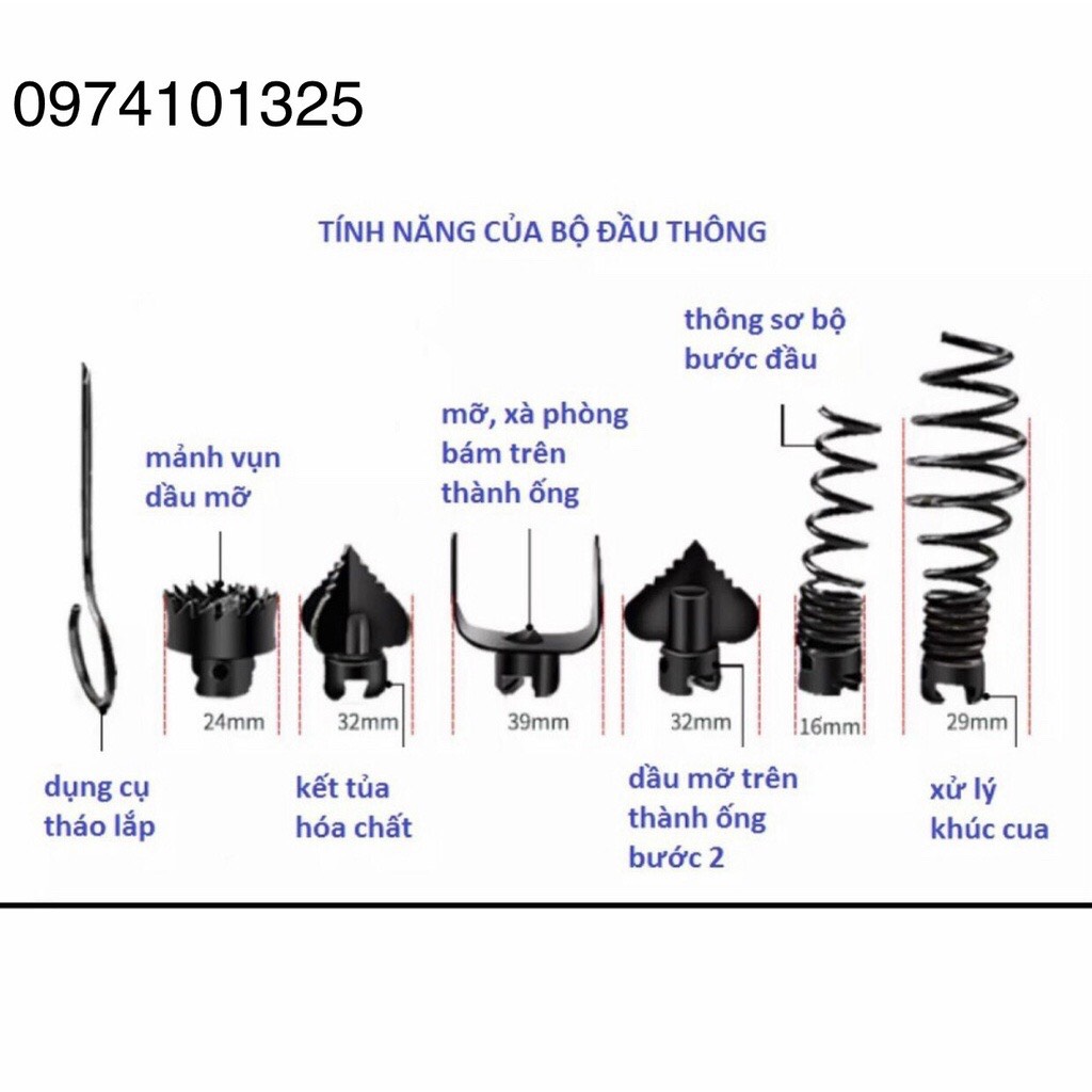 dây lò xo thông cống phi 16 dùng máy khoan kích thước ( 6-9-12-15-18)m (gồm cuộn dây lò xo phi 16,1 bộ đầu thông,1 đầu kết nối)