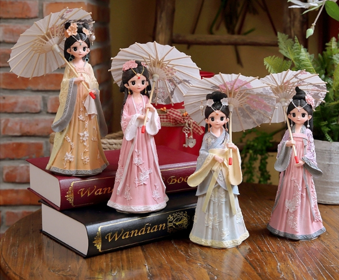 Tượng chibi thiếu nữ cổ trang che ô 3D sinh động 25cm