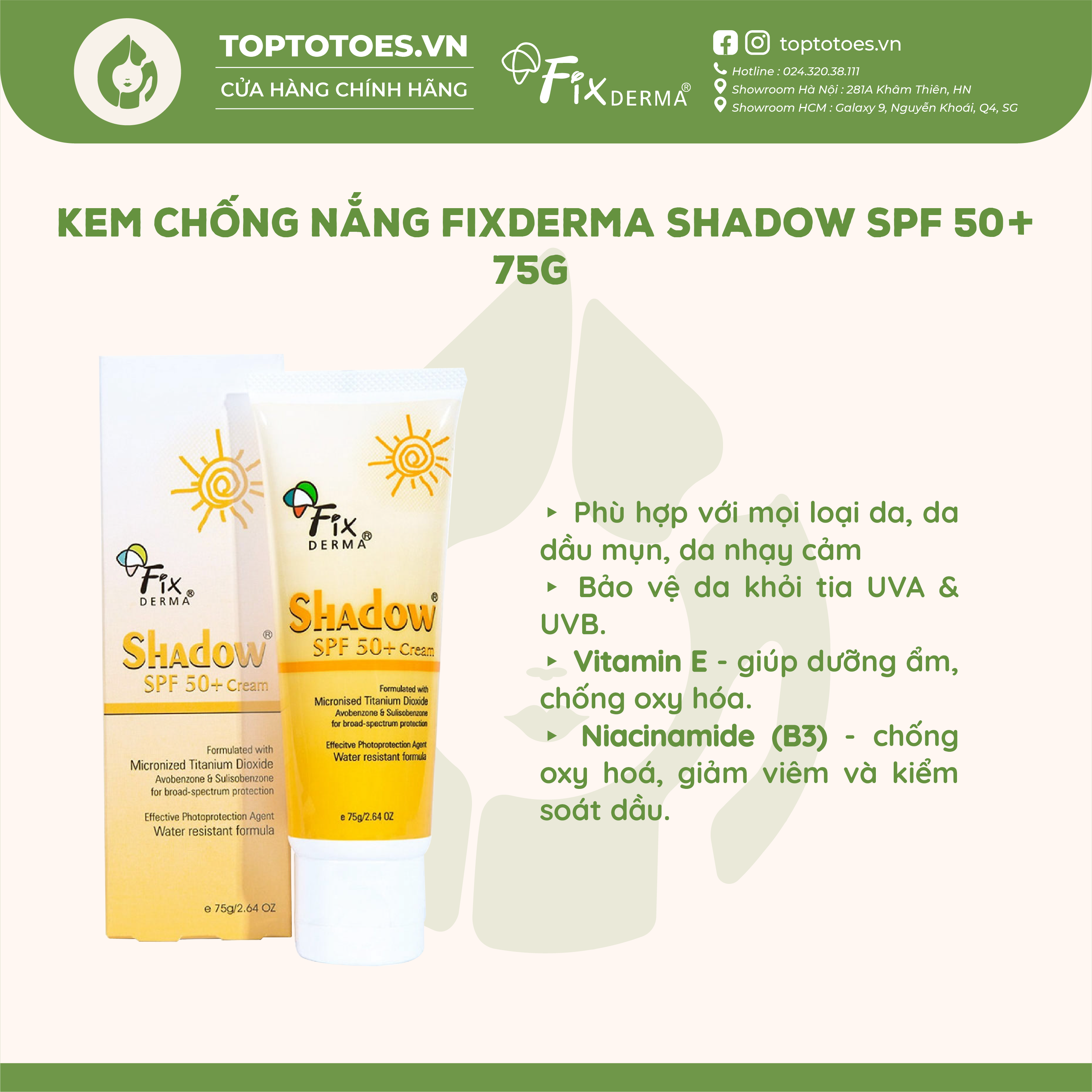 Kem chống nắng Fixderma Shadow SPF 50+ 75g [NHẬP KHẨU CHÍNH HÃNG 100%]