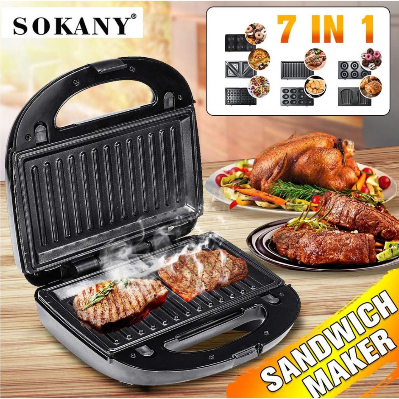 Máy làm bánh đa năng, nướng kẹp bánh mì 6 in 1 sokany