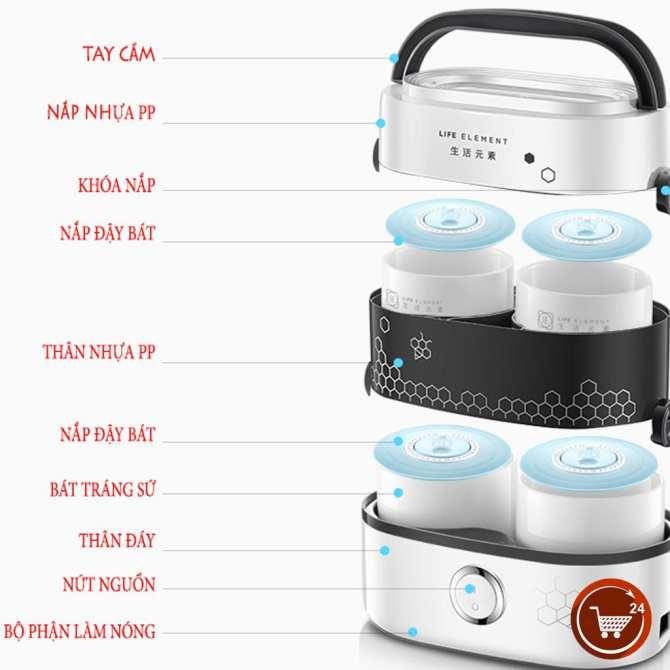 Hộp cơm hâm nóng bằng điện 4 bát gốm sứ cao cấp kiêm nồi cơm mini Life Element (Bảo hành 12 tháng)