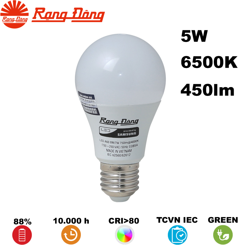 Bóng đèn LED BULB Tròn Rạng Đông A55N4 5W 450lm 220V 6500K (Trắng)
