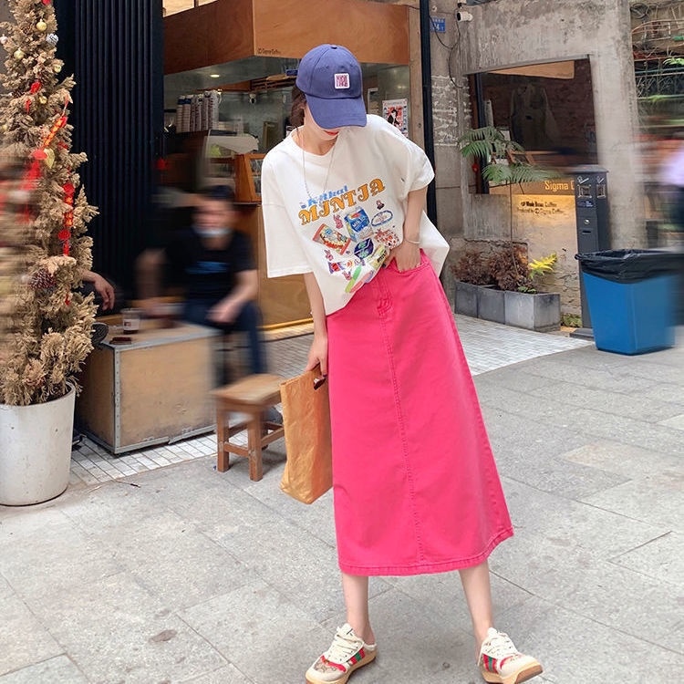 ™ [MURIOKI] Chân váy jean Dài Dáng Chữ A Màu Hồng Phong Cách Hàn Quốc Thời Trang Hàng Mới 2022 Dành Cho Bạn Gái