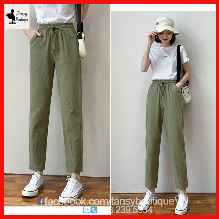 Quần baggy nữ chất vải đũi phong cách Hàn Quốc