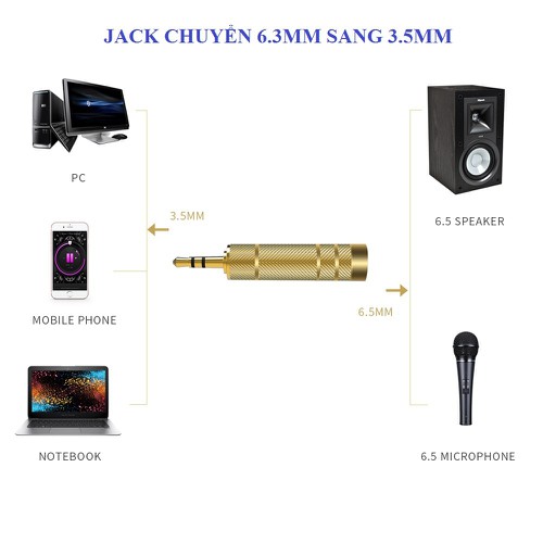 Jack (Đầu chuyển đổi) 6.5mm sang 3.5mm cao cấp, (Vàng) jack dày, đẹp.