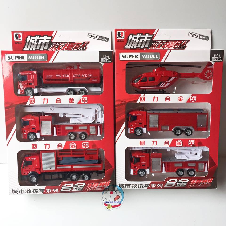 Set 3 chiếc xe sắt cứu hỏa bằng sắt, chạy đà