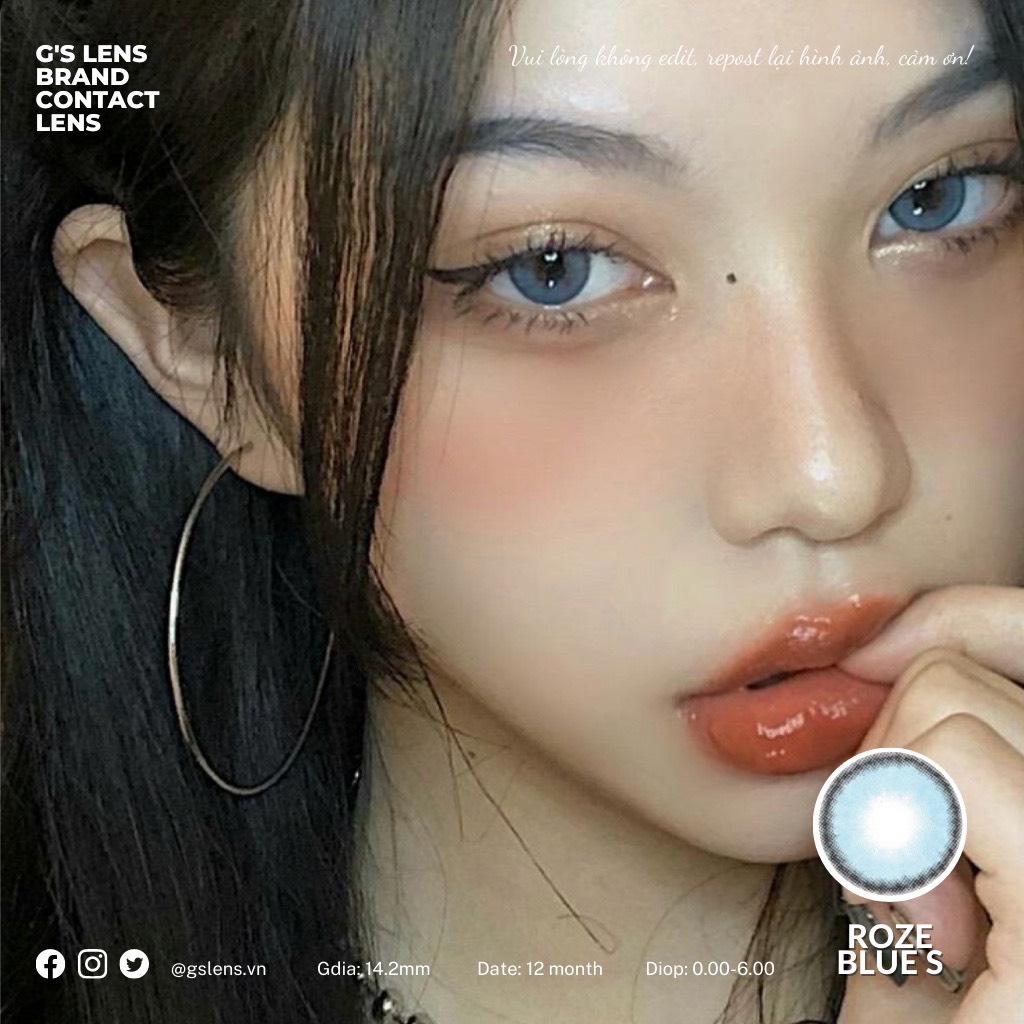Lens mắt kính áp tròng xanh blue tự nhiên giãn nhẹ roze blue 14.2mm có từ 0 đến 6 độ cận g's lens