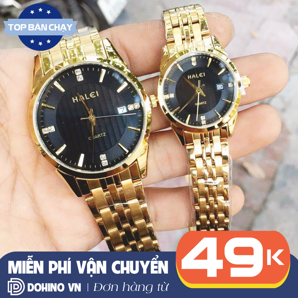 Đồng hồ cặp đôi nam nữ chống nước cao cấp dây thép đúc màu vàng Halei H170 máy thạch anh chạy 3 kim bảo hành 6 tháng