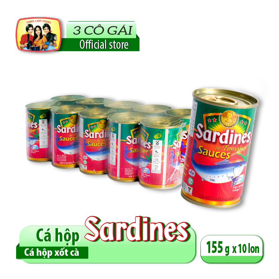 [10 Lon Cá Hộp Ba Cô Gái] Cá Mòi Xốt Cà Sardines Lon 155gr - Nắp giựt