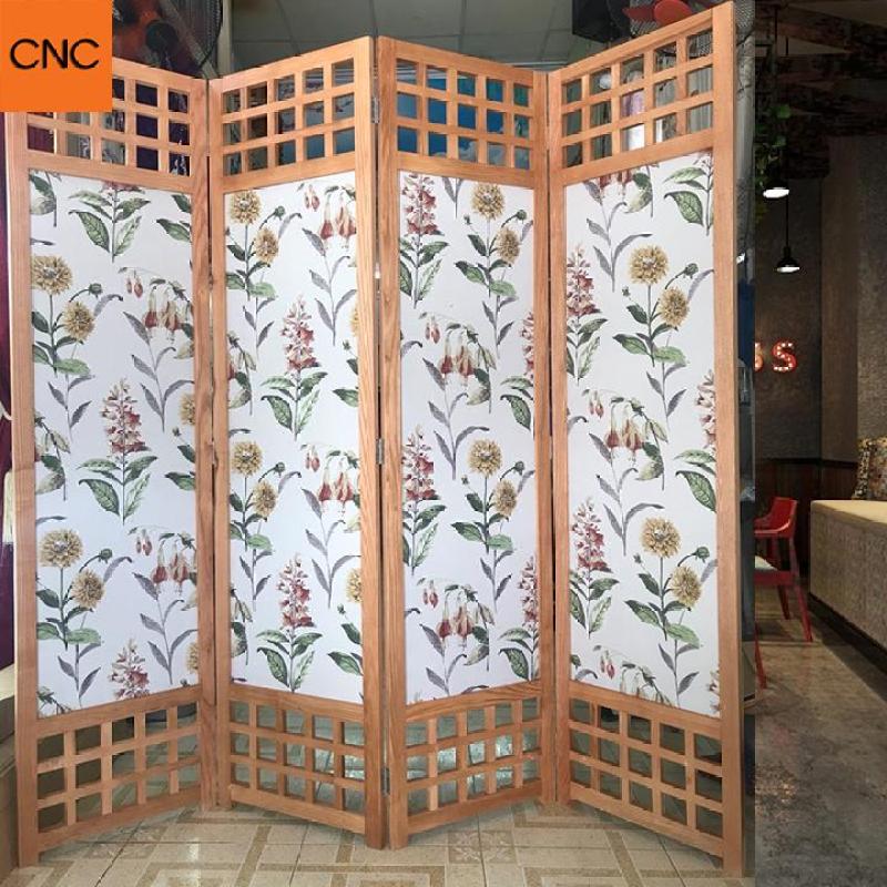 Bình phong bằng gỗ tự nhiên nền vải truyền thống GT504 cao cấp